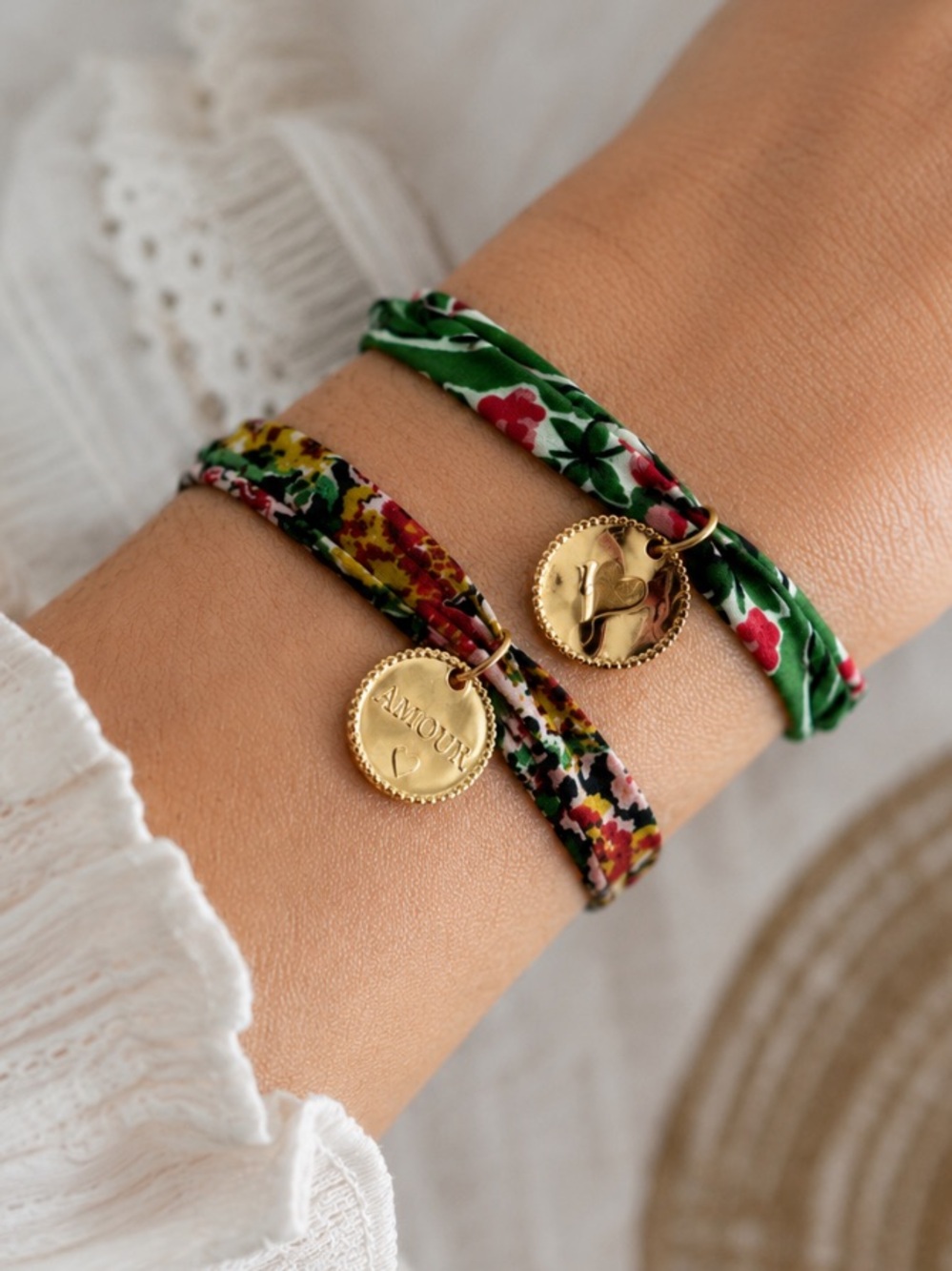 NEW Sezane Liberty Floral Tie Bracelets with Gold Charms Set of 2